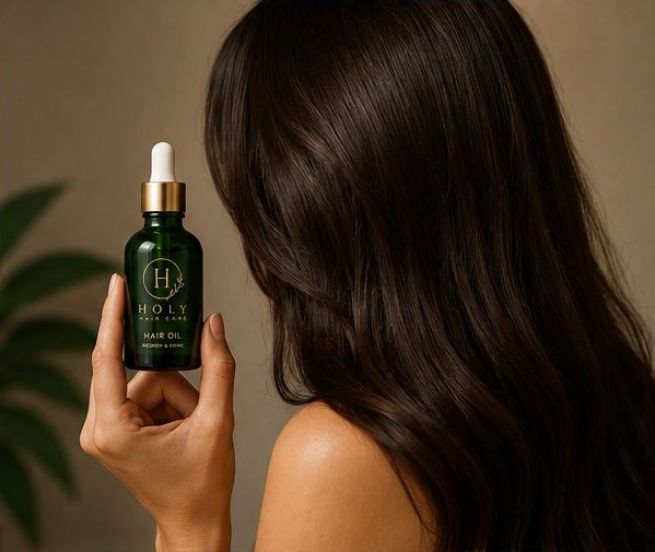 A woman with long dark hair holding the Holy Hair Care Hair Oil bottle